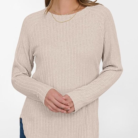 Womens Light Khaki Long Sleeve Casual Sweater Tunic Top for Fall 2025 - Picture 2 of 7